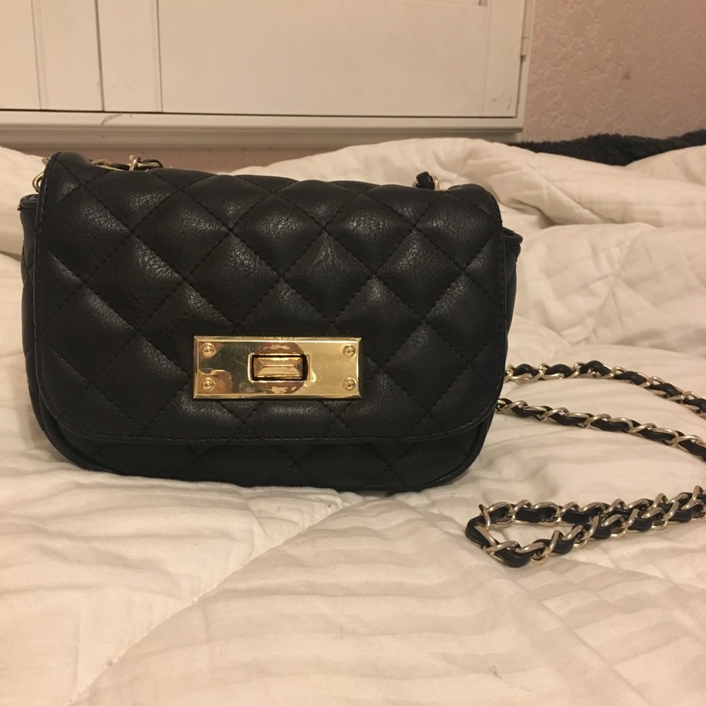 Black Faux Leather Purse with gold chain strap